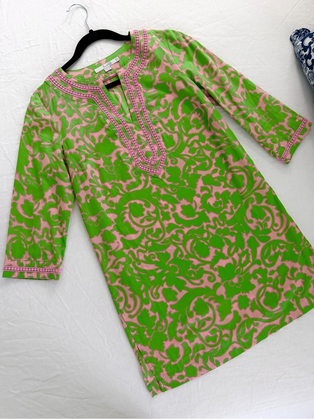 Boden Pink and Chartreuse Scroll-Print Tunic Dress with Lace Trim